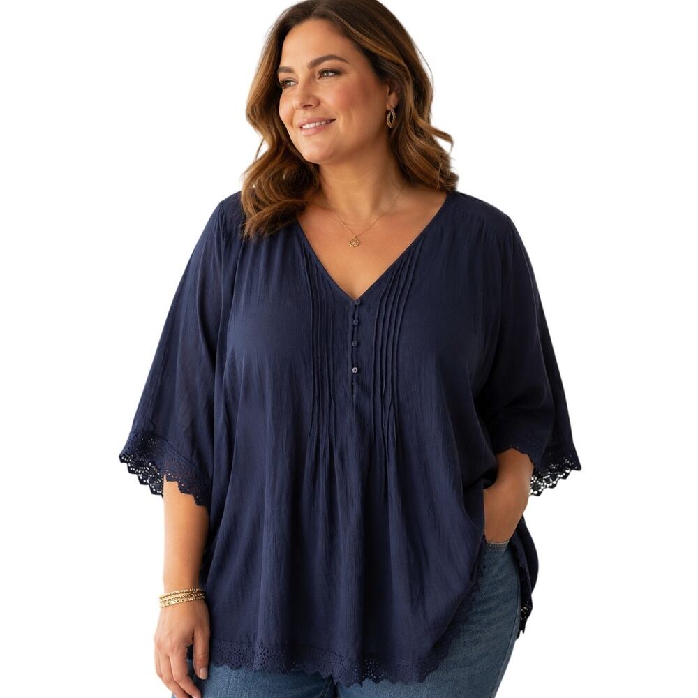 Avenue Pintucked Gauze Top Womens Size 22/24 Blue Lace Trim Peasant 3X